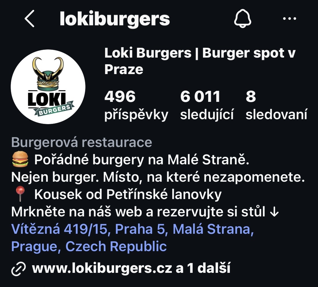 Screenshot profilu @lokiburgers: 6 011 sledujících